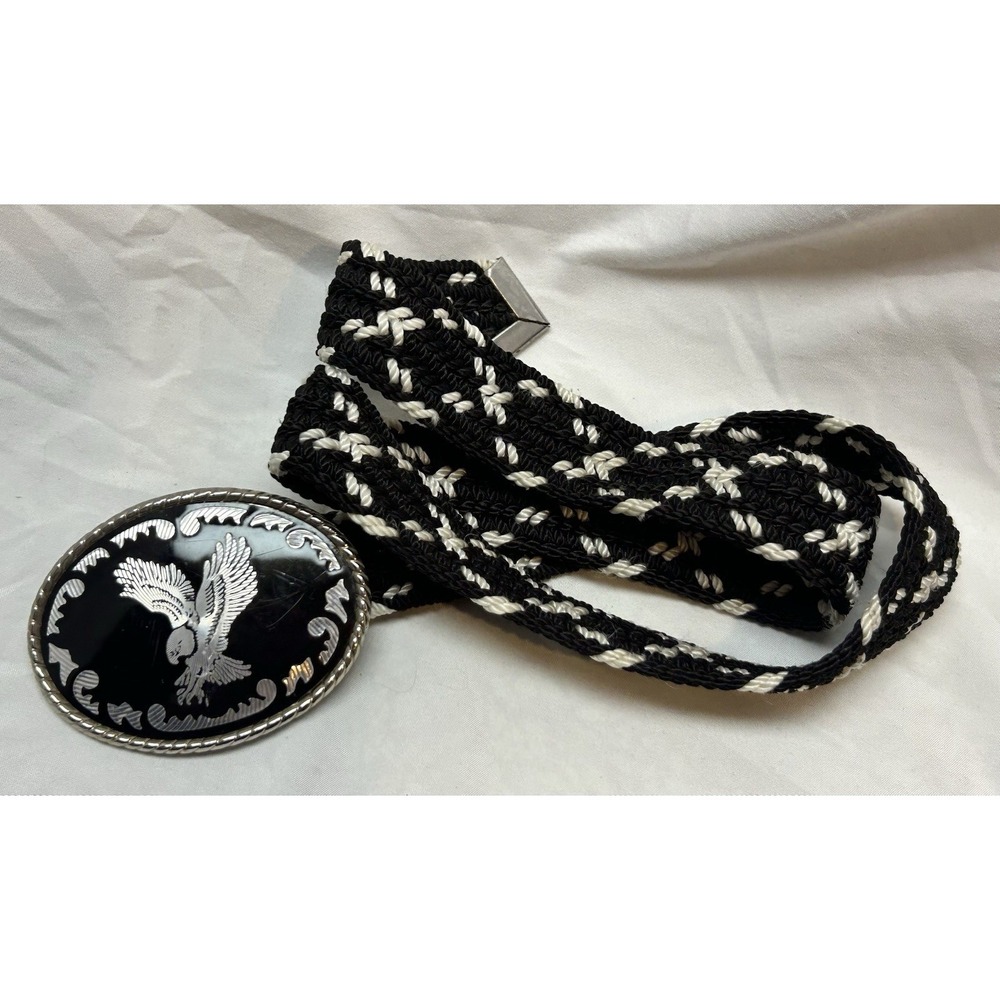 VTG Eagle Belt Buckle & Braided Belt Black & Silver Tone USA Patriotic Cowboy
